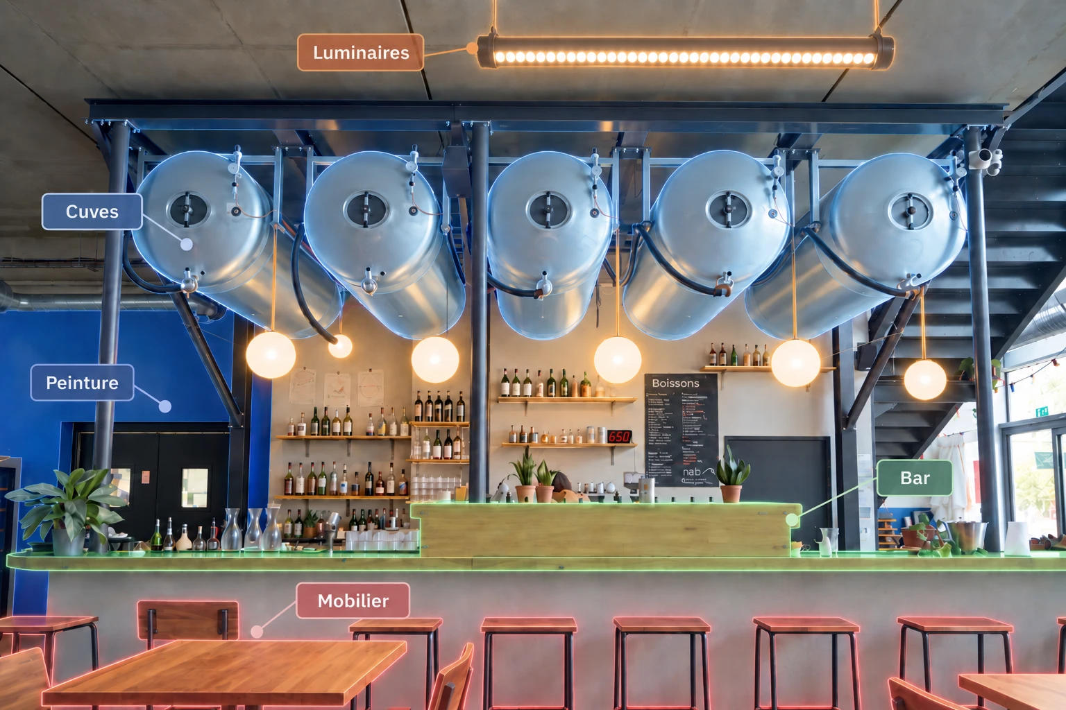Bar livré avec repères des lots réalisés : luminaires, cuves, peinture, bar et mobilier