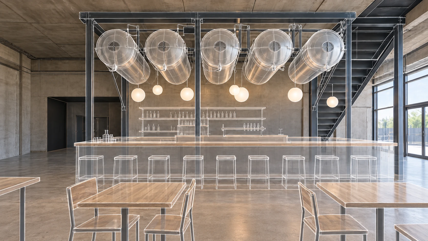 Projet de bar dessiné en filaire dans le local : cuves suspendues, comptoir et mobilier